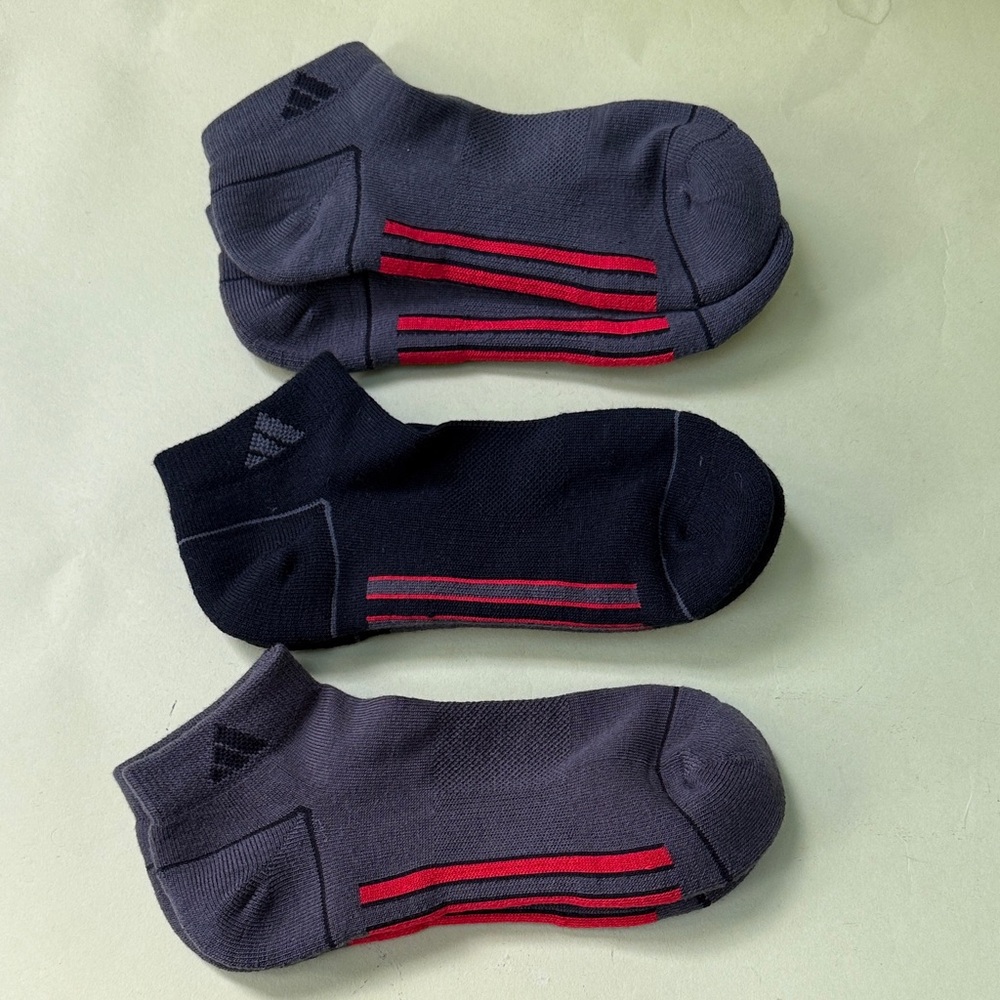 New adidas Men's Black and Gray Athletic 3 Pairs of Socks with Red Stripes